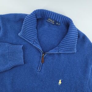 Polo Ralph Lauren Mens XLT 1/4 Zip Pullover Sweater Blue 100% Cotton Yellow Pony